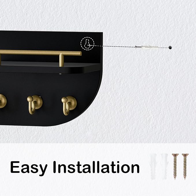 Key Holder for Wall, Decorative Key and Mail Organizer with 3 Metal Hooks and 2 Shelves, Wood Wall Mounted Key Rack for Entryway, Black