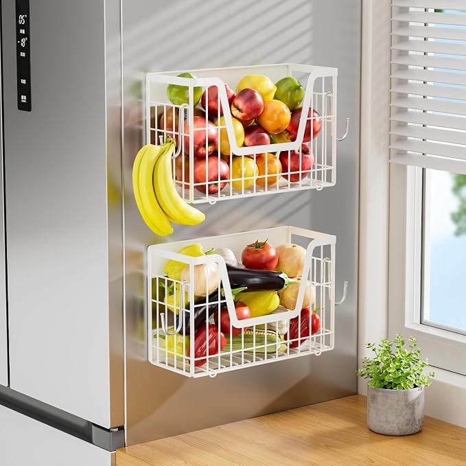 2 Set Magnetic Fridge Shelf, White Magnetic Fruit Basket for Refrigerator Organizer Storage, Potato and Onion Storage Bins, Wire Baskets Magnet Rack for Laundry Washing Machine Kitchen Shelves