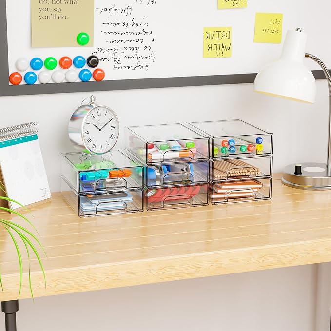 Yieach 2.2'' Tall Small Clear Stackable Storage Drawers,2 Pack Stacking Acrylic Organizers Drawers for Hair Accessories,Makeup,Pen,Art Crafts,Office Supply Organizer and Desktop Plastic Mini Drawers