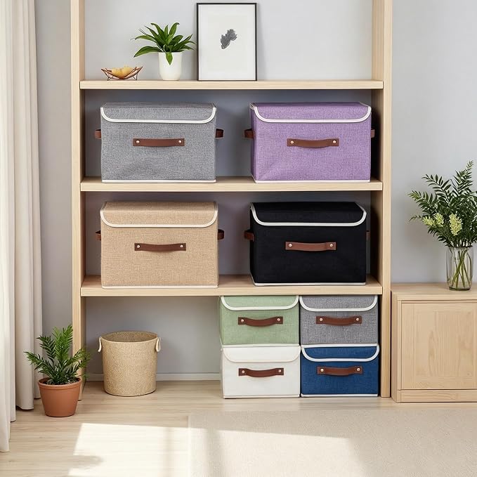 Collapsible Storage Boxes Baskets with Lid Cotton Linen Fabric Storage Bins with Faux Leather Handles Decor Washable Cube Organizer Container for Home Closet Bedroom (Purple, Small Size)