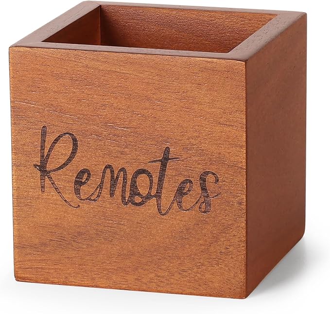 Remote Control Holder, Wooden TV Remote Holder for Table, Remote Organizer Caddy for Home Decor, Remote Box for Nightstand, Brown Labeled Remote, 1 Slot - 3.5 Inch