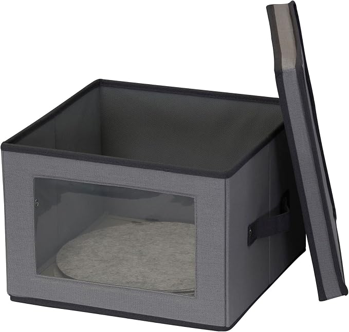Household Essentials Dinner Plate Storage Box, Strong Frame and Handles, Windowed Panel, Fully Removable Lid, Stackable and Foldable, Perfect for Preserving Your Dinnerware, Gray
