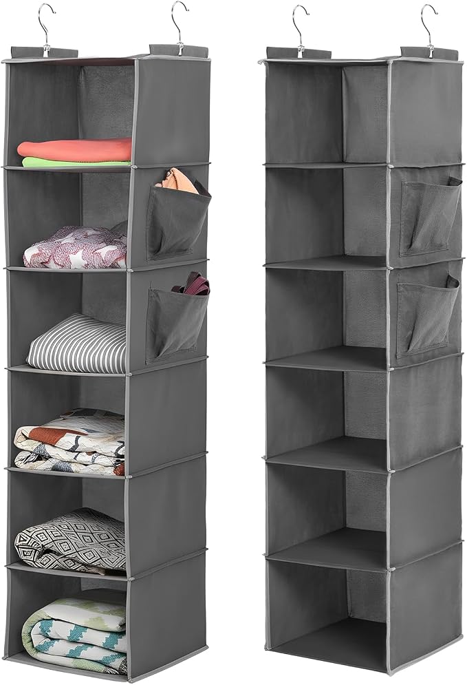 2 Pcs Hanging Closet Organizer, 6-Shelf Storage with 2 Side Pockets and Hooks, for Clothes Sweaters Shoes Accessories, Space-Saving for Dorm RV Small Closet, Grey