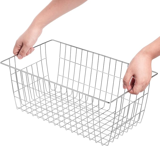 Slideep Wire Baskets Farmhouse Freezer Organizer Storage Bin Basket with Handles, Food Storage for Kitchen Cabinets, Pantry, Closet, Bedroom, Bathroom, Office 3 Pack