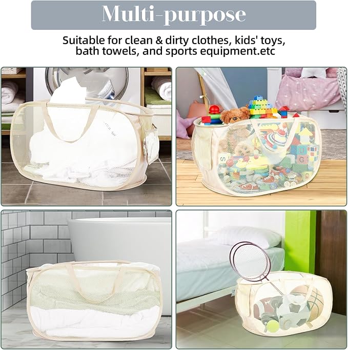 4 Pcs Durable Collapsible Laundry Baskets, Foldable Large Opening Pop Up Laundry Hamper with Pocket, Clothes Hamper with Handles for Laundry, Bathroom, Kids Room, Dorm or Travel Beige