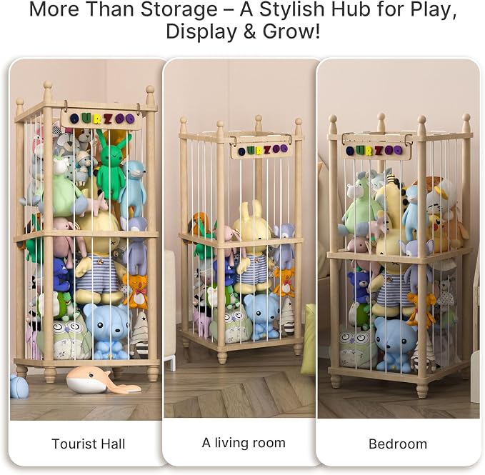 Stuffed Animal Storage Zoo, 40" Tall Solid Pine Wood Toy Organizer with Exclusive 3D Sign, Large Vertical Plushie Cage Holder with Elastic Cords for Playroom Corner & Nursery Decor L