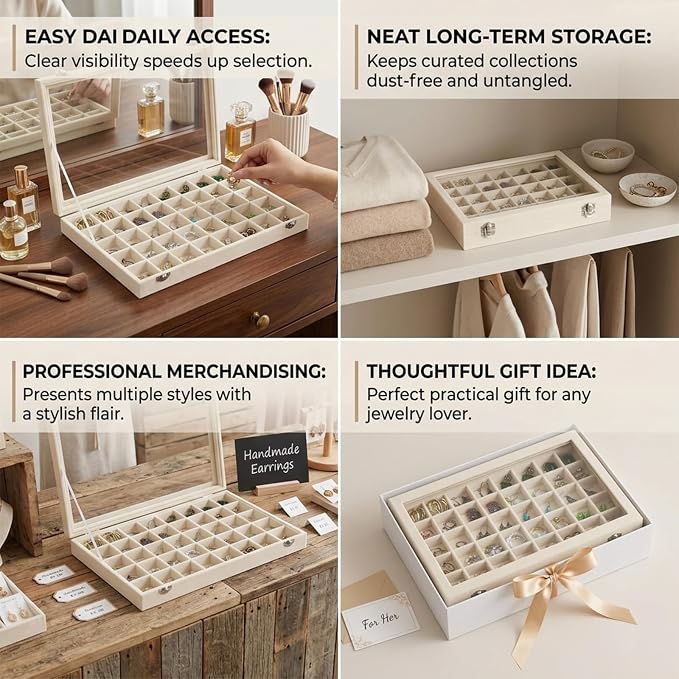 Stratalife Jewelry Organizer 40 Grid Jewelry Trays with Dust-proof Lid Velvet Earring Organizer Ring Holder Accessories Box Necklaces Earrings Storage for Women Drawers Cream
