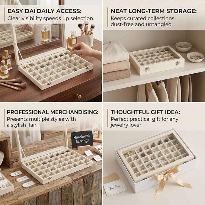 Stratalife Jewelry Organizer 48 Grid Jewelry Trays with Dust-proof Lid Velvet Earring Organizer Ring Holder Accessories Box Necklaces Earrings Storage for Women Drawers Cream