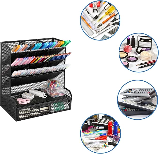 VICNOVA Mesh Desk Organizer, Pen Holder Art Supply Storage Organizer with Drawer Pen Organizer for Desk Desktop Marker Pencil Storage for Office School Home Art Supplies