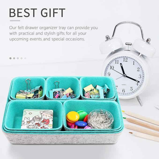 Newthinking Desk Drawer Organiser Trays, 8 Pack Square Organizer Box Stackable Dividers, Save Desk Space Dividers Box for Home Office Cosmetics Storage Boxes (Teal)