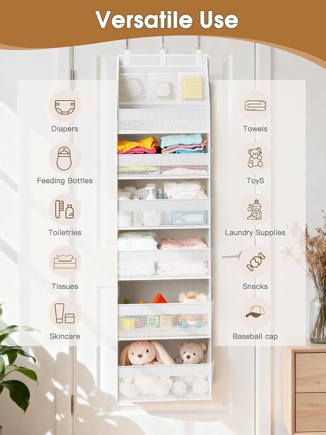 Criusia 2 Pack Over the Door Organizer, Heavy-Duty 6-Shelf Hanging Storage with 13 Mesh Pockets, 55lbs Capacity Behind the Door Storage for Nursery, Bathroom, Bedroom, and Dorm, White