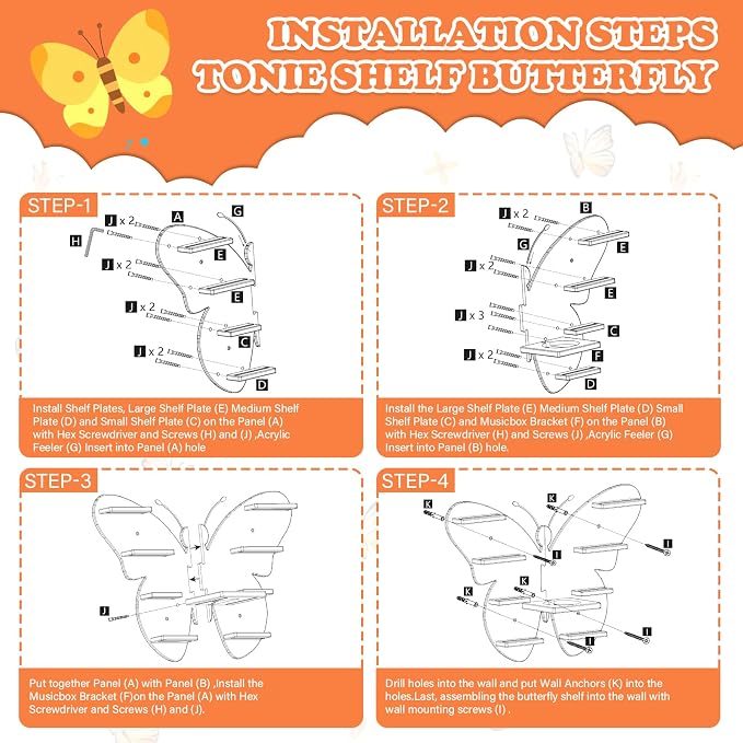Butterfly for Tonies Box 1/2 Tonies Figures Organizer Storage Shelf Wall Mounted, Magnetic Display Collection 30~40 Characters Floating Shelves Storage Player