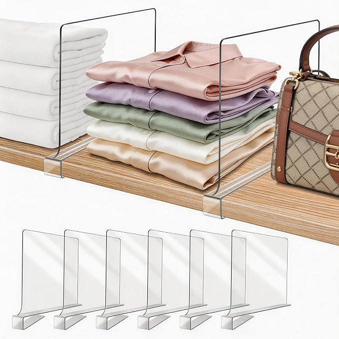 Acrylic Shelf Dividers for Closet Organization 6PCS Closet Shelf Divider Closet Dividers for Shelves Shelf Organizer for Closet Shelf Organizer For Wood Closet Separator Clear