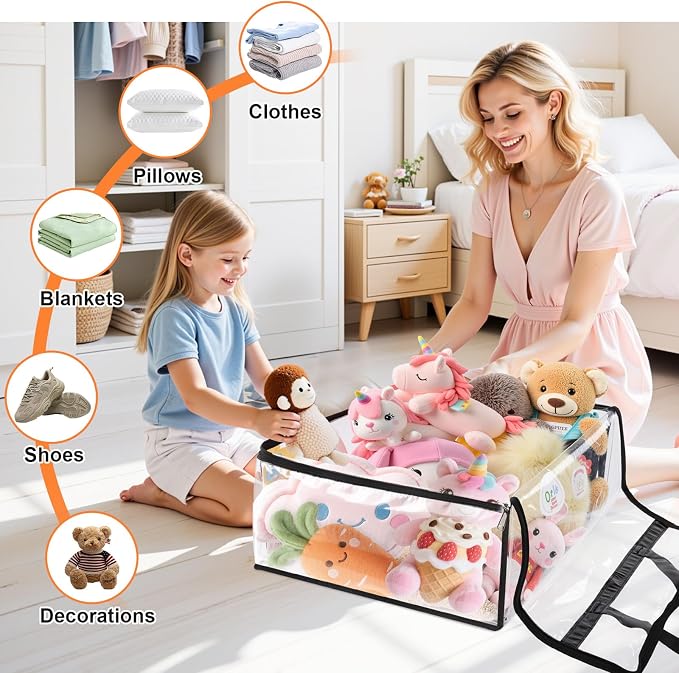 SpaceTrove Clear Clothes Storage Bags, 6 Pack Closet Organizers and Under Bed Storage Containers, Foldable Moving Bags with Zippers for Comforter, Blanket, Bedding, Duvet, PVC Packing Bags 90L