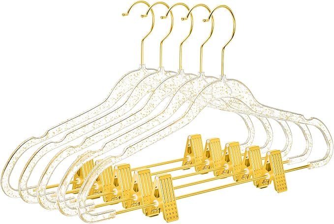 MIZGI Slim Gold Glitter Pants & Skirt Hangers (20 Pack) – Adjustable Gold Clips & Hooks, Transparent Non-Felt, Space-Saving for Dresses, Shirts, Blouses