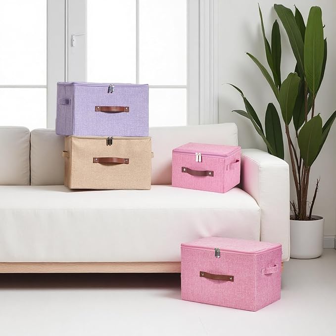 Storage Bins with Zipper Lid Cotton Linen Fabric Lidded Storage Baskets Boxes Foldable Washable Closet Shelf Clothes Organizer Container with PU Leather Handles (Pink, Small)