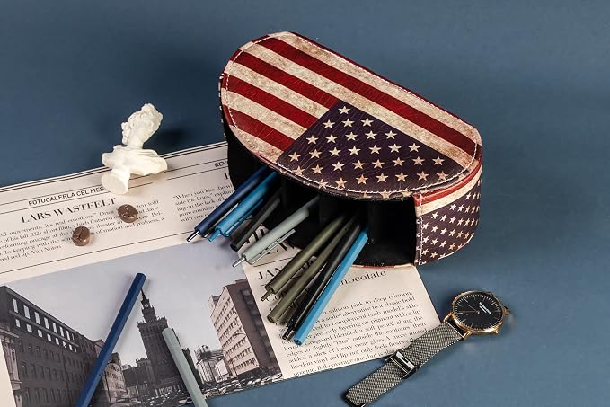 Leather Remote Caddy Desktop Organizer with 5 Spacious Compartments for TV Remotes/Media Controllers/Office Supplies (American Flag)