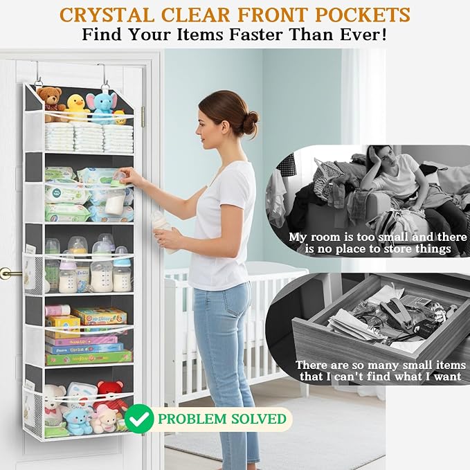 Ofiray-home Over Door Organizer with 5 Large Pockets | 5 Transparent Front Pockets & 10 Mesh Side Pockets, 50 lbs Weight Capacity Hanging Storage for Toys, Shoes, Diapers, Pantry