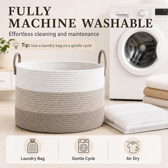JMvicyroam 115L Extra Large Blanket Basket for Living Room - Woven Cotton Rope Laundry Hamper with Reinforced Handles - Storage Bin for Pillows, Comforters & Toys - Machine Washable,White&Brown Mix