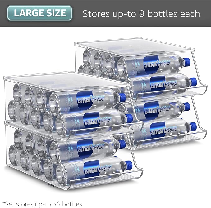 Sorbus Water Bottle Organizer for Fridge with Lid – Holds 9 Bottles – Stackable Drink Organizer for Refrigerator, Pantry, or Countertop – Clear BPA-Free Plastic Bottle Storage Holder (4 Pack)