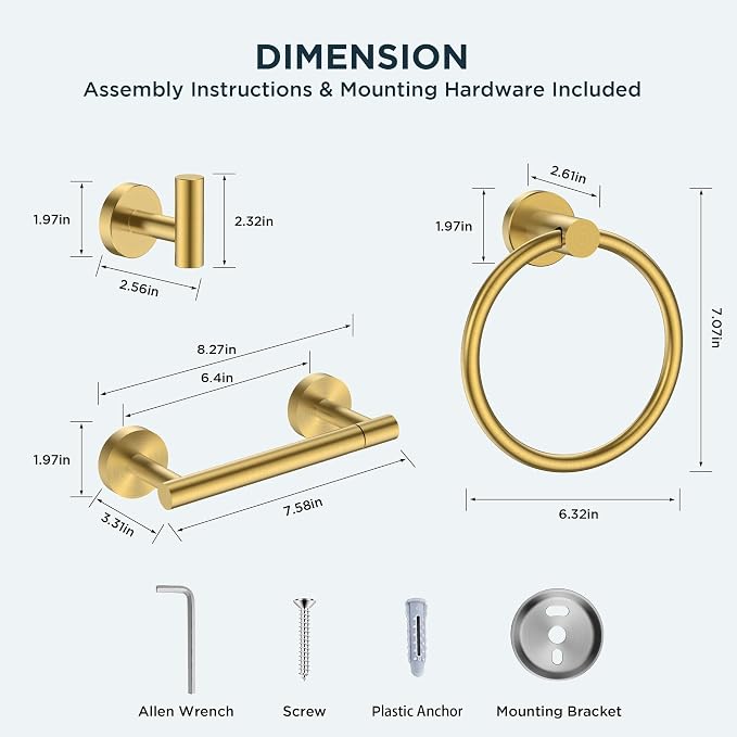 FORIOUS 4 Piece Bathroom Accessories, SUS304 Stainless Steel Toilet Paper Holder, Towel Ring and 2 Towel Hooks, Wall Mounted Bathroom Hardware Set (Dark Gold,Double Post Pivoting)