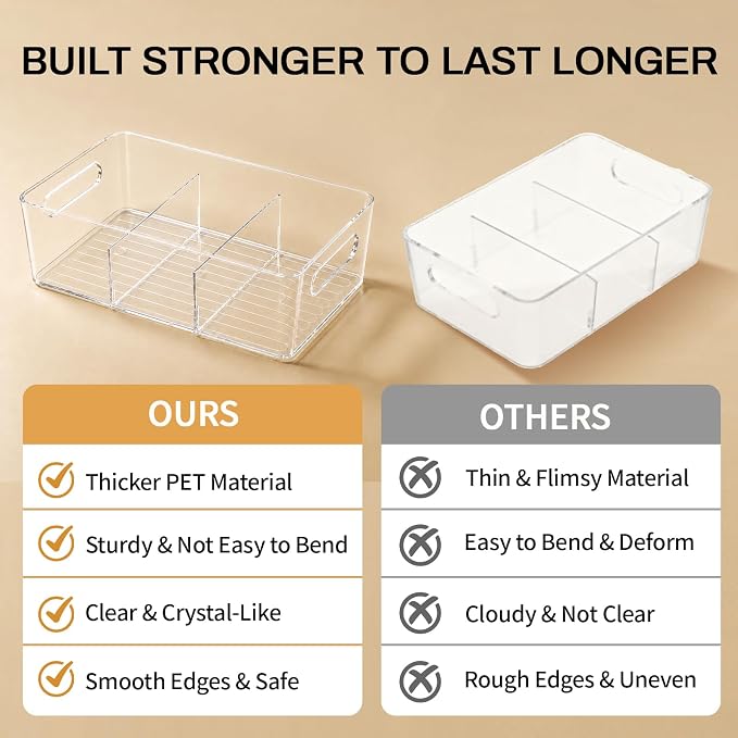 Mpotmiy 10 Pack Pantry Organizers and Storage,Clear Plastic Containers with 2 Dividers for Kitchen,Fridge Organization and Storage,Acrylic Bins for Pounches,Spice Packet,Snack organzier