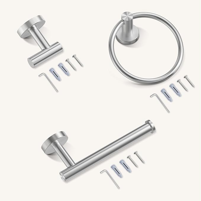 FORIOUS 4 Piece Bathroom Accessories, SUS304 Stainless Steel Toilet Paper Holder, Towel Ring and 2 Towel Hooks, Wall Mounted Bathroom Hardware Set (Brushed Nickel)
