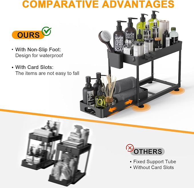 Under Sink Organizers and Storage, 2 Pack Height Adjustable Bathroom Cabinet Organizer, 2 Tier Sliding Under Sink Organizer, Sturdy Pull Out Bathroom Storage, with 12 Hooks & Hanging Cups, Black