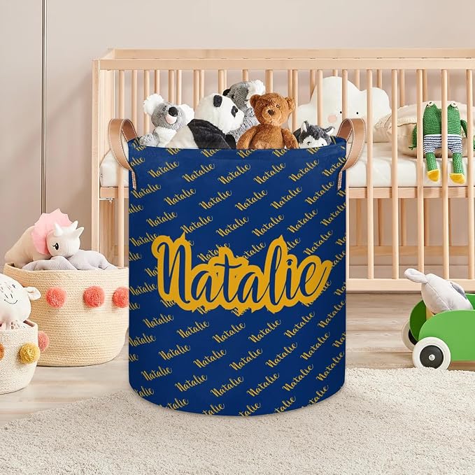 Personalized Laundry Basket, Custom Gift Laundry Hamper, Collapsible Nursery Waterproof Laundry Baskets, Dirty Clothes Toy Hamper with Handles Name Gold Blue