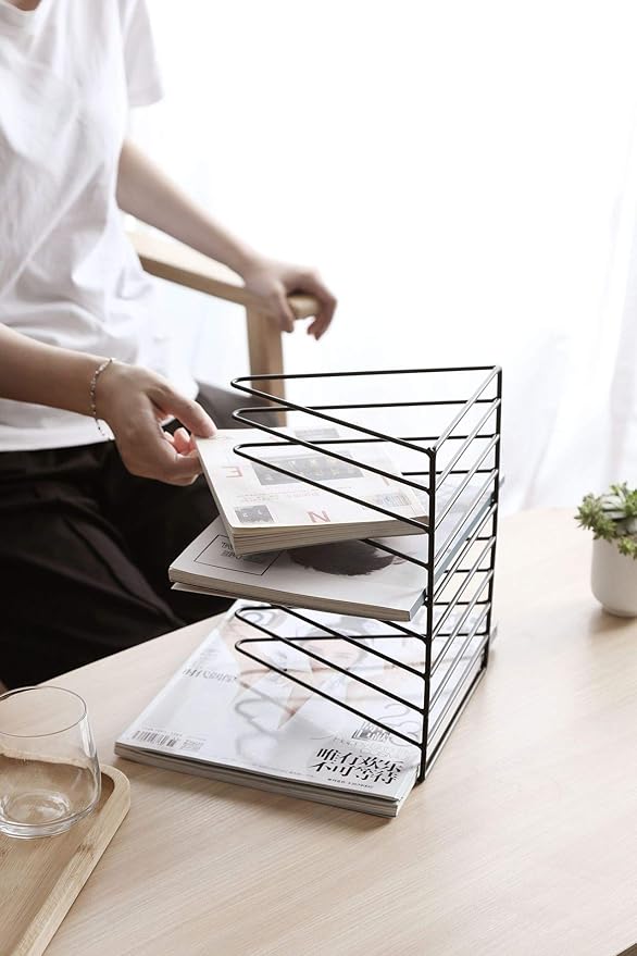 Sooyee 9 Slot Metal Record Holder Storage,White | Magazine Holder, Book Album Display Rack, Desktop File Sorter Organizer, Triangle Bookshelf Decor for Home Office