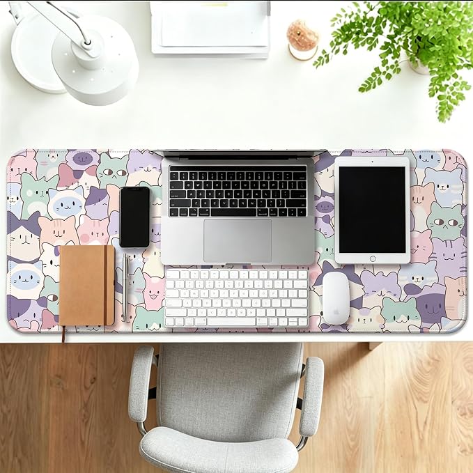 Cute Pink Cat Gaming Desk Mat, Computer Keyboard Large Extended Kawaii Pastel Cat Mouse Pad for Office and Home, 31.5×11.8 Inches, XL