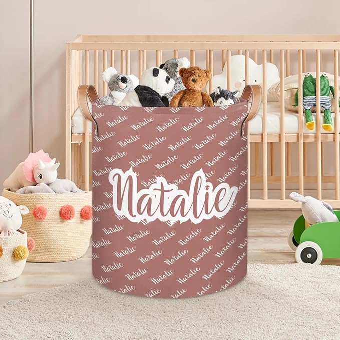 Personalized Laundry Basket, Custom Gift Laundry Hamper, Collapsible Nursery Waterproof Laundry Baskets, Dirty Clothes Toy Hamper with Handles Name Brown