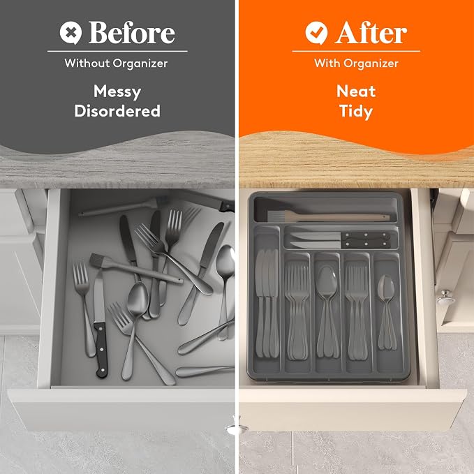 Lifewit Silverware Organizer with Lid, Covered Utensil Tray for Kitchen Drawer and Countertop, Plastic Cutlery and Flatware Storage Box for Spoons Forks Knives Holder Case, 29 x 37cm, Gray