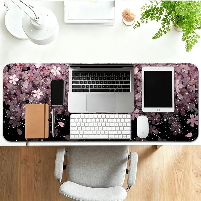 Japanese Cherry Blossom Gaming Desk Mat, Computer Keyboard Large Extended Flowers Mouse Pad for Office and Home, 31.5×11.8 Inches, XL, Black