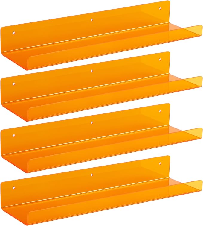 upsimples 4 Pcs 15" Acrylic Shelves for Wall Decor and Display, Orange | Cute Floating Shelf for Perfume, Skincare, Nail Polish, Wall Organizer for Bedroom, Living Room, Playroom, Room Décor