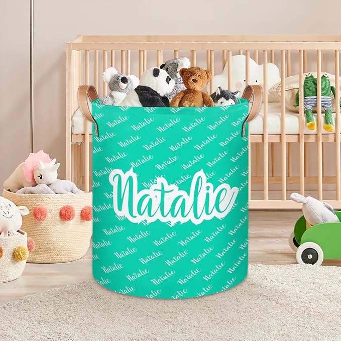 Personalized Laundry Basket, Custom Gift Laundry Hamper, Collapsible Nursery Waterproof Laundry Baskets, Dirty Clothes Toy Hamper with Handles Name Blue Green