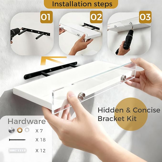 3-Pack Floating Shelves with Acrylic Anti-Fall Lip, Modern Wall Mounted Display Ledges for Bedroom, Bathroom Kitchen, Heavy-Duty Decor Storage Racks, Easy 5-Minute Install,15-inch Clear Sleek Design