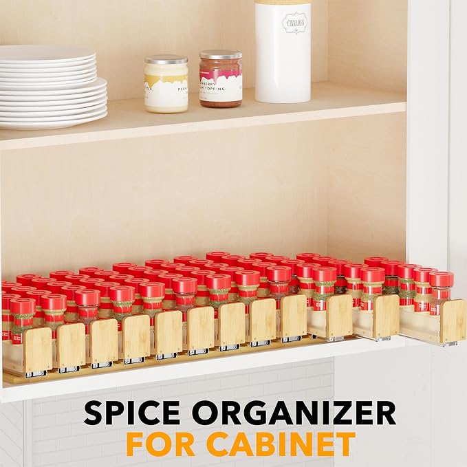 SpaceAid Bamboo Pull Out Spice Rack Organizer for Cabinet, Heavy Duty Slide Out Seasoning Kitchen Pantry Sliding Vertical Organization, 10.1" Wide, 4 Drawers(2" Wide), 1-Tier, Natural