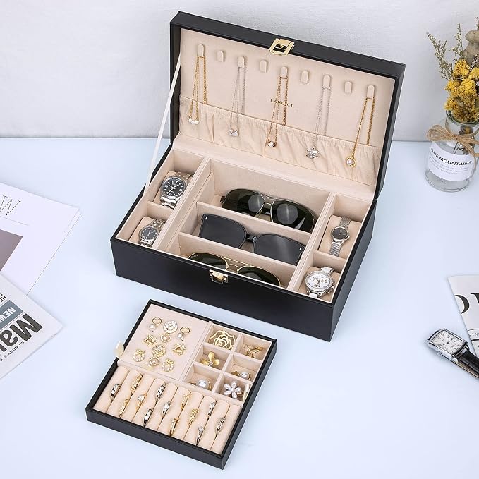 LANDICI Jewelry Box Organizer for Men Women, 2 Layer 4 Slot Watch Storage Case with Removable Tray, PU Leather Large Jewellery Holder Display for Watches Sunglasses Rings Earrings Necklace, Black