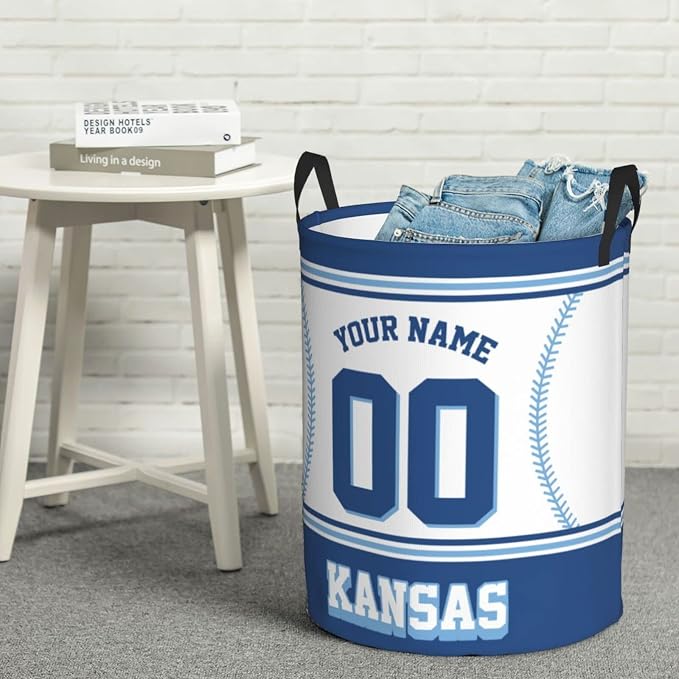 Custom Kansas Laundry Hamper Personalized Laundry Basket Customized Name And Number Collapsible Storage Basket for Bedroom Bathroom Living Room Baseball Fan Gifts