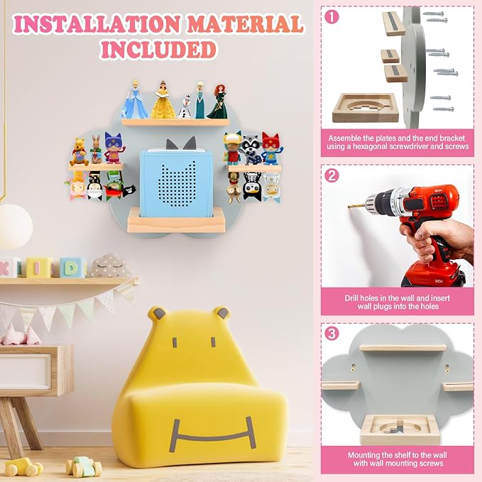 Clouds for Toniebox 1/2 Tonies Figures Organizer Storage Shelf Wall Mounted, Magnetic Floating Shelves for Toniebox Player Display Collection 20~30 Characters (Gray)