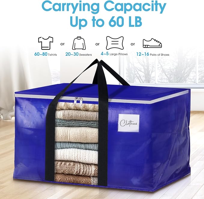 BlissTotes 2 Pack Moving Bags with Clear Window, Storage Bags with Strong Carrying Handles & Zippers,Large Packing Bags for Saving Space, Alternative to Moving Boxes(Blue,24 Gallon)