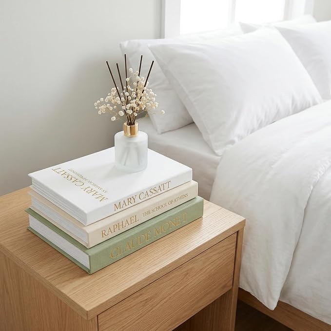 Sage Green Faux Book Box Set of 3 - Linen Decorative Books for Shelves, Fake Books for Decoration with Secret Compartment, Cottagecore Aesthetic Room Decor (Green-Beige-White)