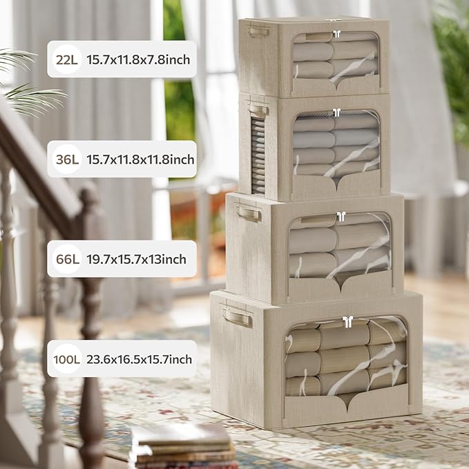 FHSQX 3 Pack Clothes Storage Bins with Metal Frame | Beige, 15.7x11.8x7.8inch (22L) ,Foldable, Metal Frame, Stackable, Linen Fabric, Carrying Handles & Clear Window