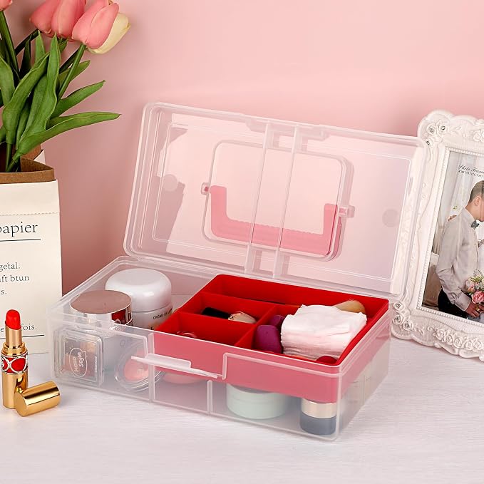 JUXYES Clear Art Craft Supply Storage Bin Sewing Box With Handle Lid | Plastic Carry Storage Box with Removable Tray, 2 Layers Portable Storage Case for Art Craft, Sewing, School Office Supplies