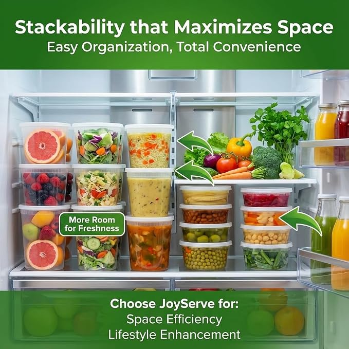 JoyServe 24 Sets Deli Containers with Lids – 8oz, 16oz & 32oz – Leak Proof, Microwaveable, Dishwasher & Freezer Safe – Plastic Food Storage & Soup Containers