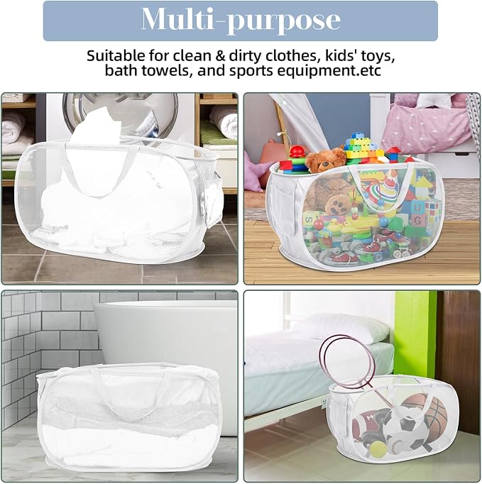 4 Pack Collapsible Laundry Baskets, Foldable Laundry Basket with Pocket, Durable Pop Up Hampers, Reinforced Handles Dirty Clothes Hamper for Laundry, Bedroom, Bathroom, Dorm, Travel or Camping White