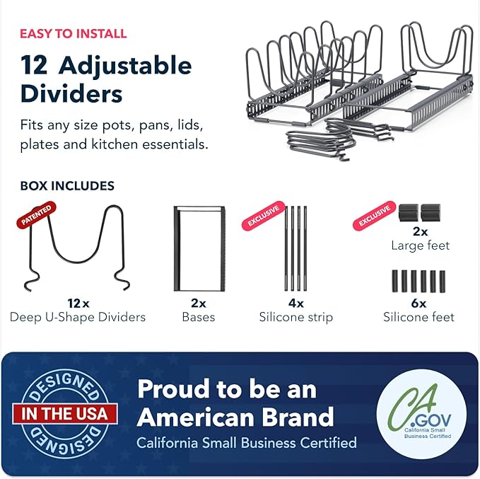 Better Things Home 5.5” Wide 12-Slot Adjustable Pot Lid Organizer with Scratch-Free Pads, Expandable Pot Lid Holder Rack for Cabinet, Small to Medium Pots and Pans Organizer Inside Cabinet