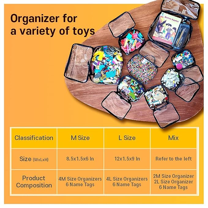 holay 4 Packs PVC Toy Storage Organizer with Zipper, Name Tag & Manual Pocket, Clear Durable Case for Blocks, Clay, Board Games, Travel (Black, Small, Large)