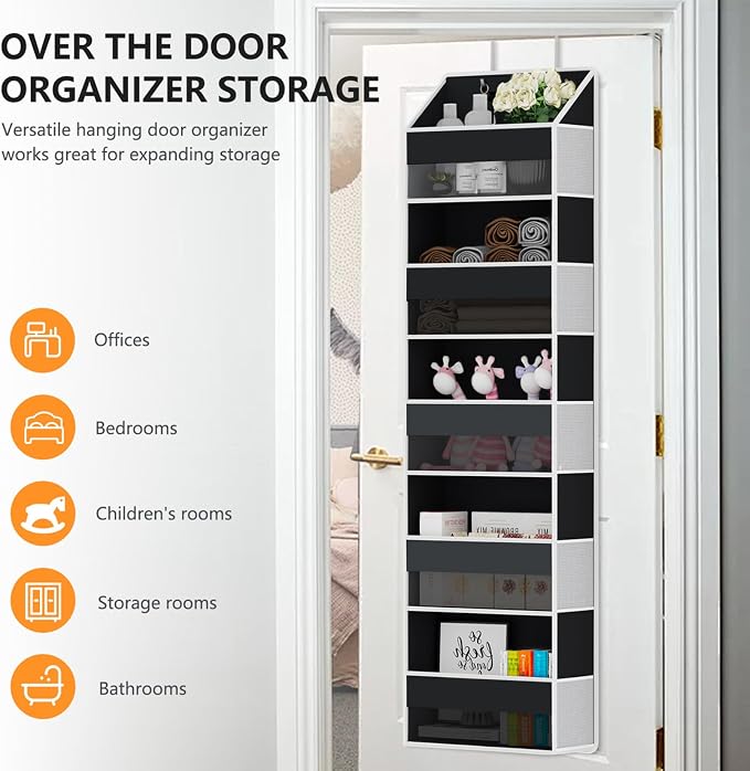Over Door Organizer - Over The Door Storage Organizer with 5 Large Pockets & 10 Mesh Side Compartments - Heavy-Duty Hanging Storage for Bathroom, Bedroom & Nursery - Room Organizer Solution - Black